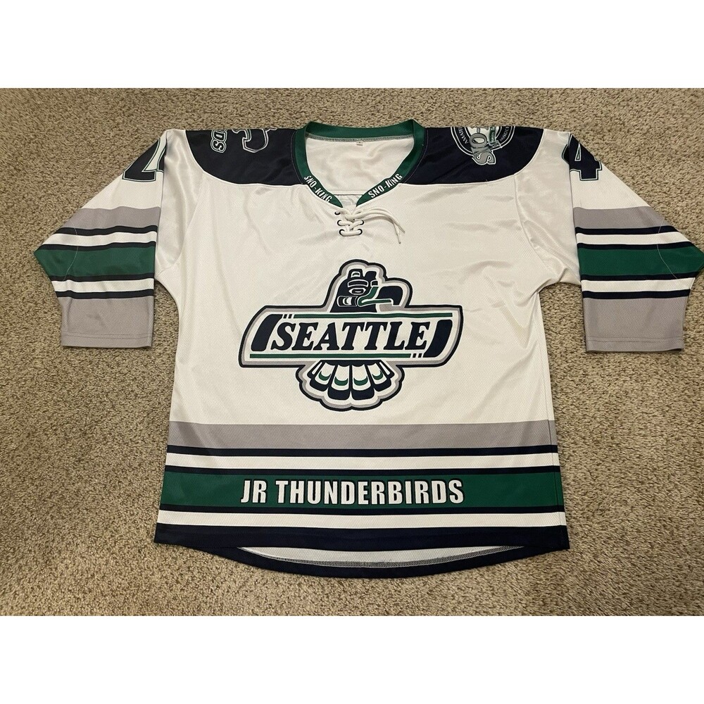 SEATTLE JR THUNDERBIRDS Game Used Worn AHA Hockey Away Jersey #2 Mens Small